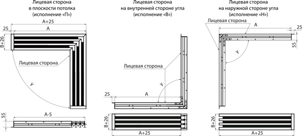 Конструктивные схемы угловых решеток АРС, АЛС, АНС, АВС